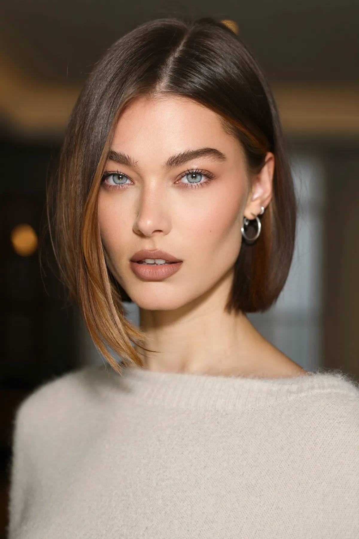 Sleek Straight Natural Brunette Chin-Length Bob for Effortless Sophistication