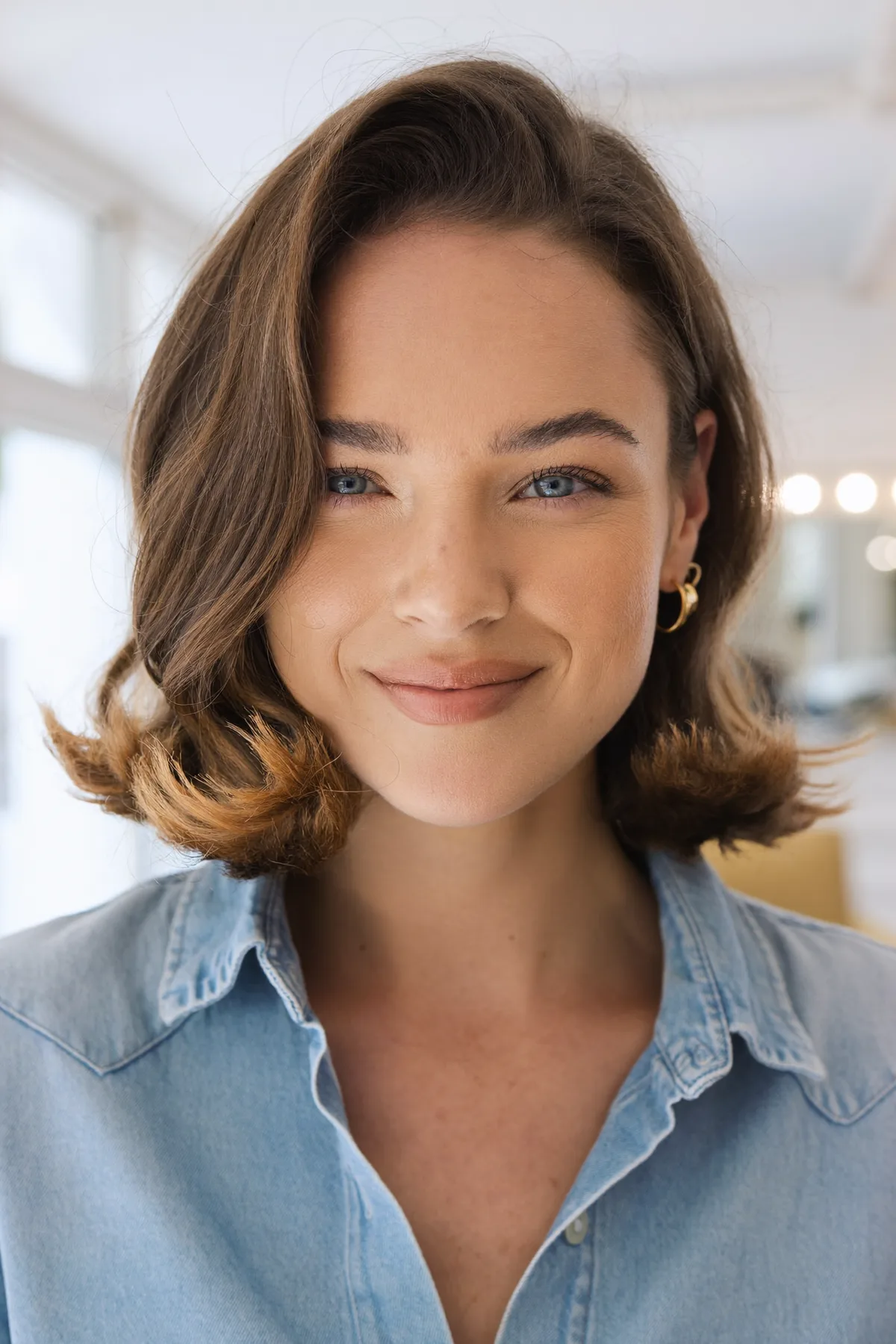 Chin-Length Wavy Bob in Natural Brunette Solid Color