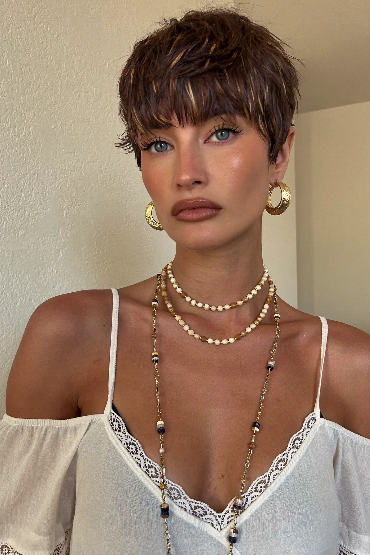 Natural Brunette Wavy Pixie Cut with Full Fringe Bangs