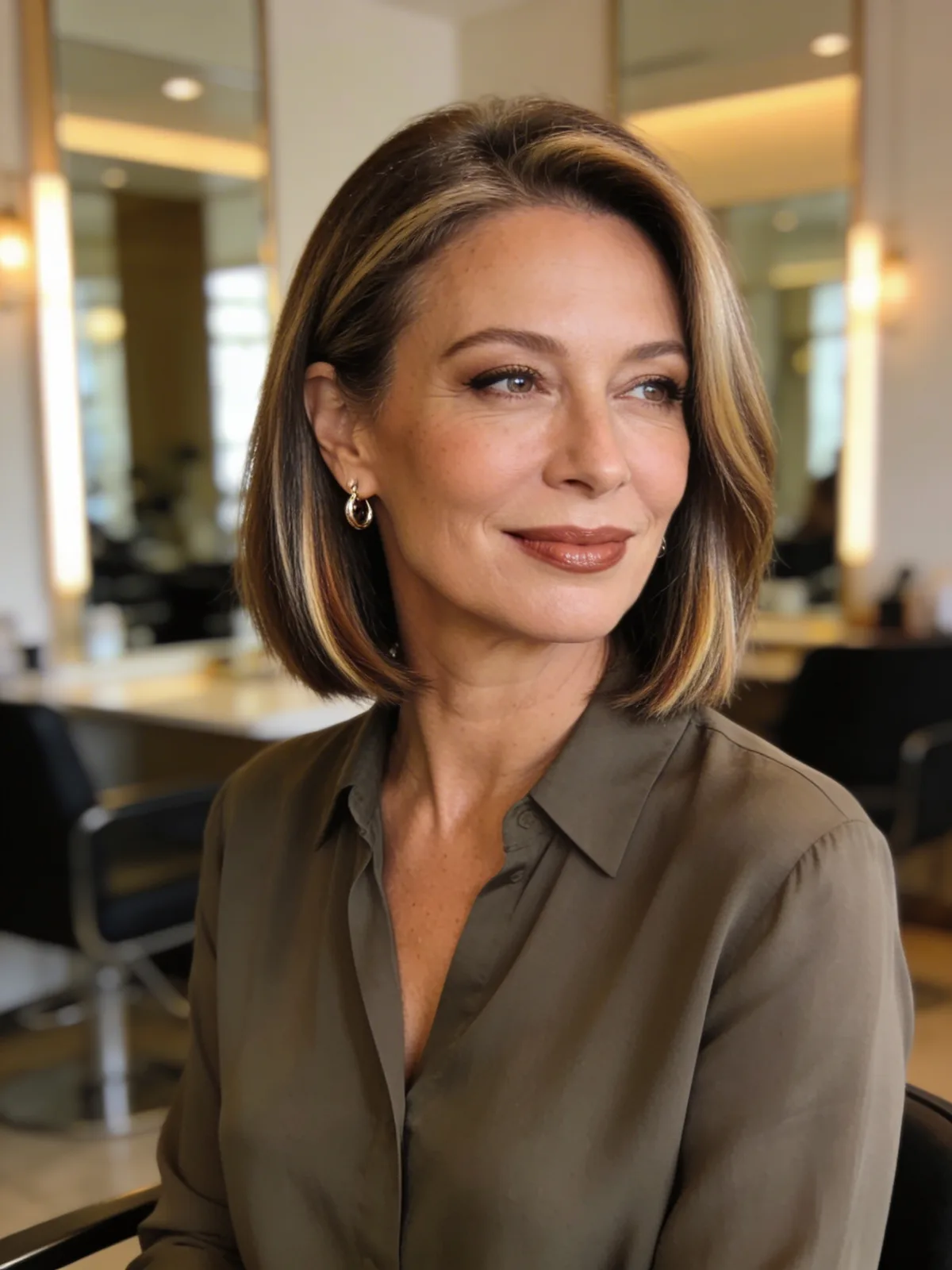 Golden Brown Chin-Length Straight Bob with Highlights
