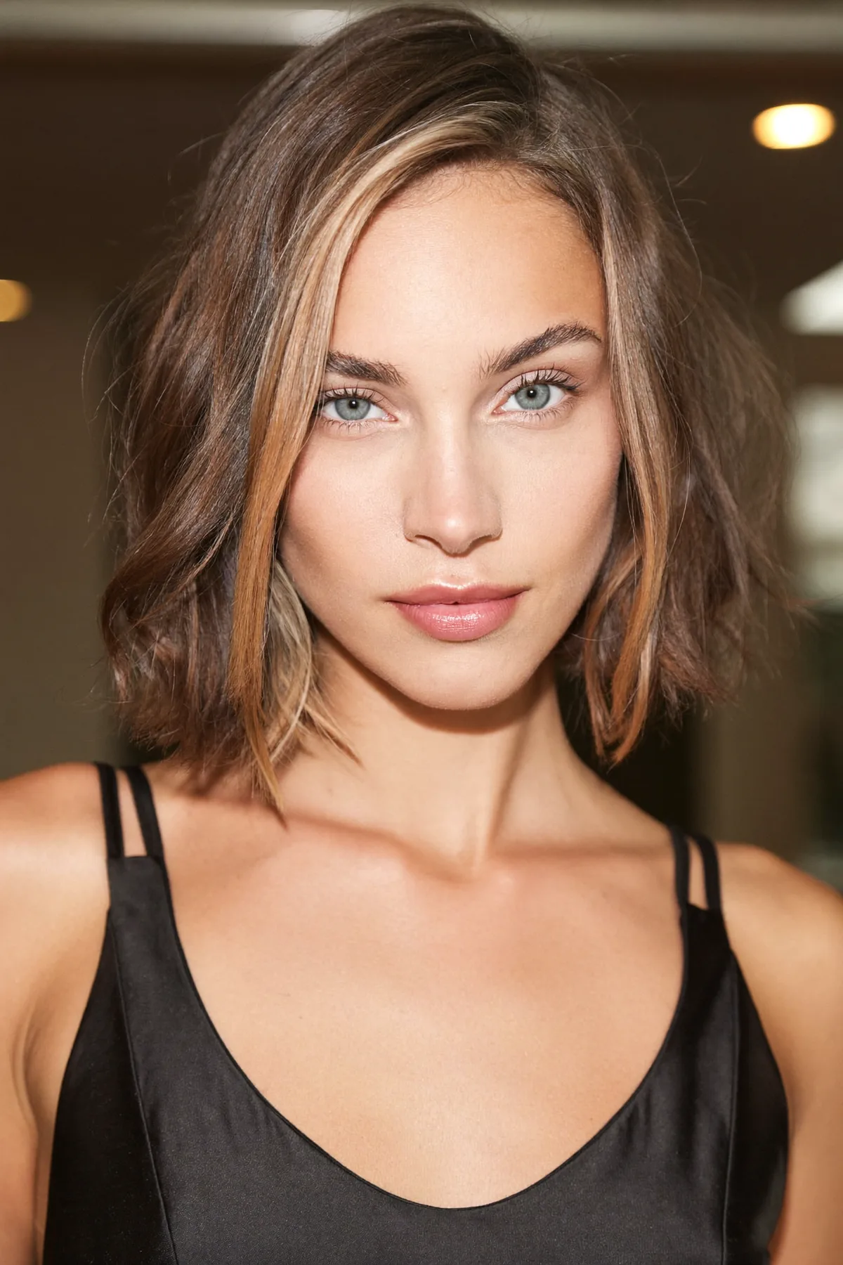 Chin-Length Natural Brunette Bob with Chunky Face-Framing Highlights