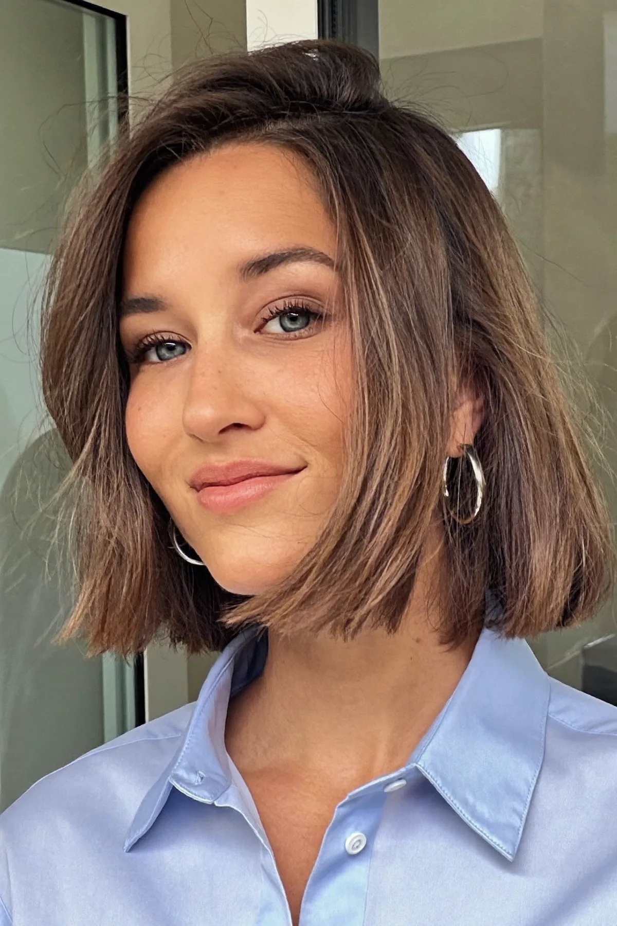 Chin-Length Natural Brunette Bob with Effortless Wavy Texture