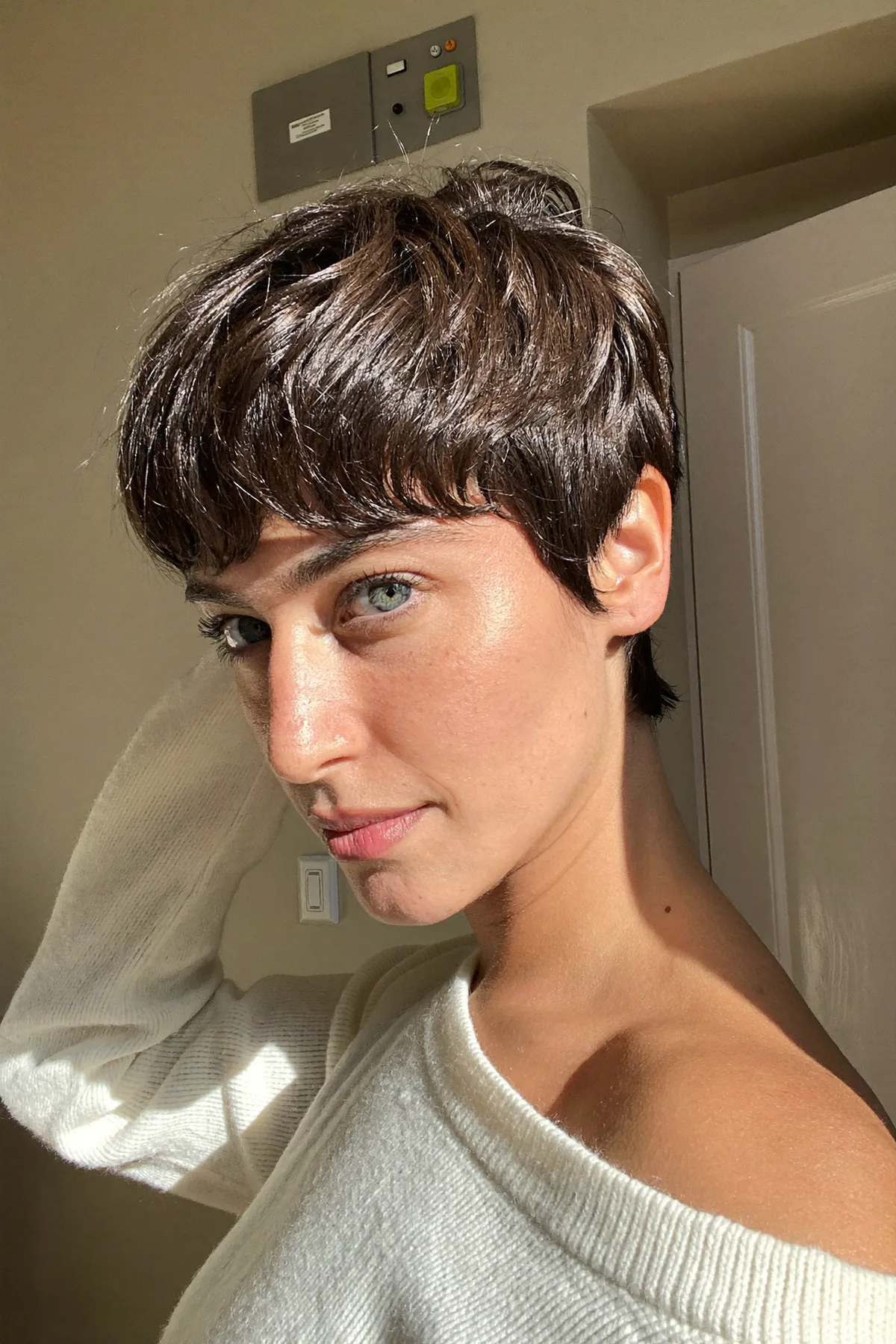 Natural Brunette Wavy Pixie Cut with Full Fringe Bangs