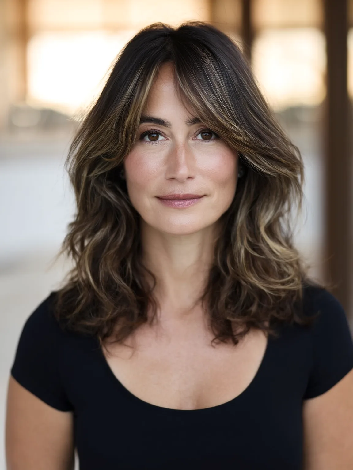 Voluminous Wavy Lob with Caramel Highlights and Curtain Bangs