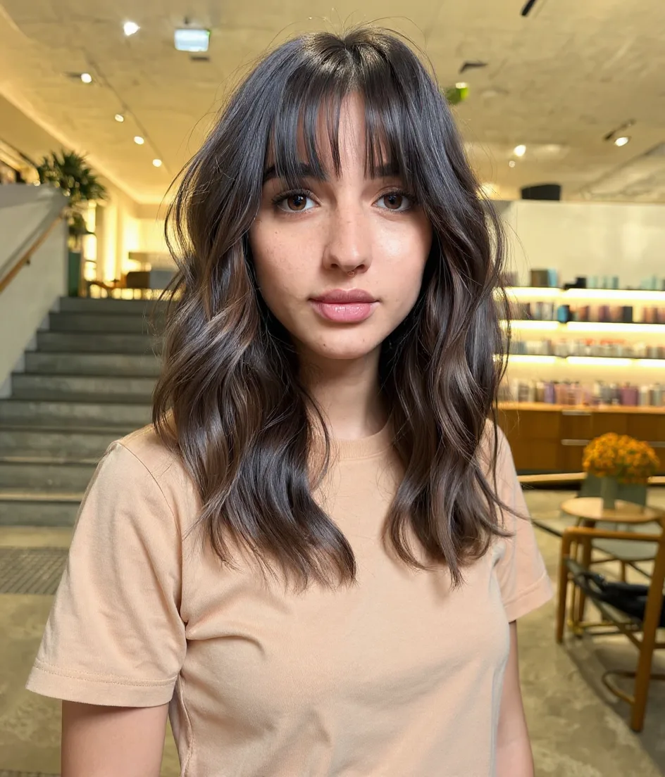 Ash Brown Wavy Lob with Soft Curtain Bangs