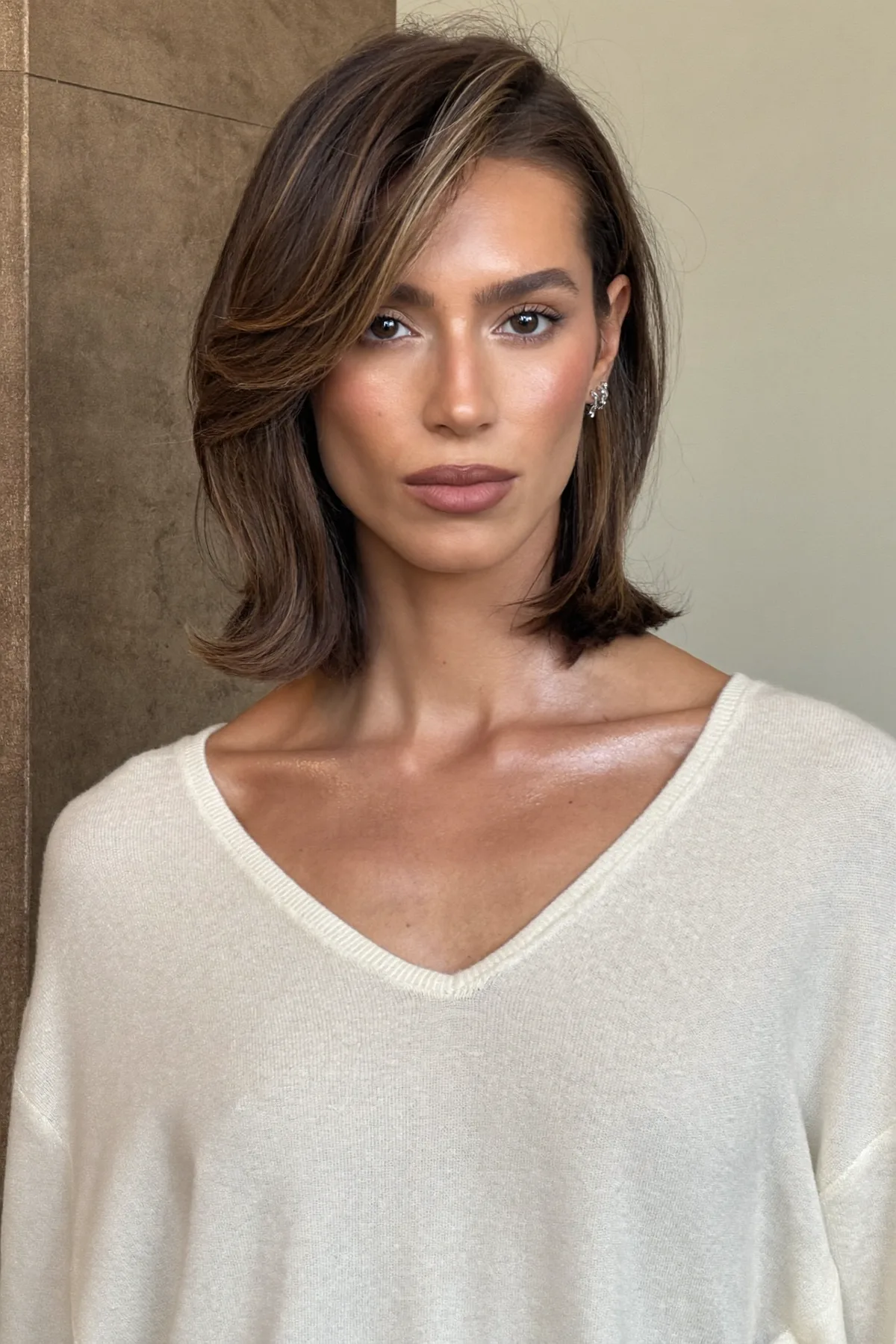 Sleek Straight Natural Brunette Shoulder-Length Long Bob Elegance
