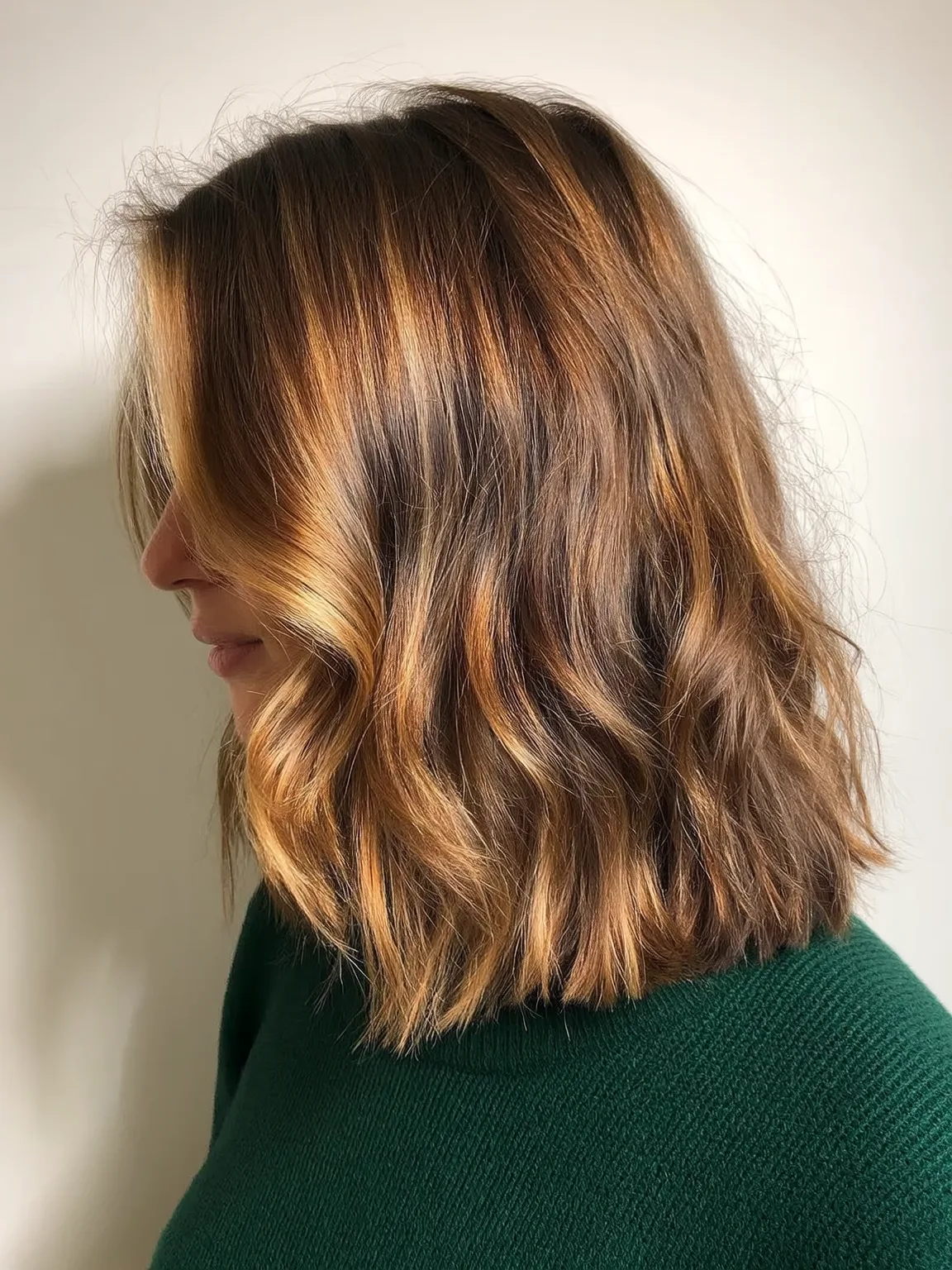 Warm Caramel Brown Balayage Wavy Lob Without Bangs