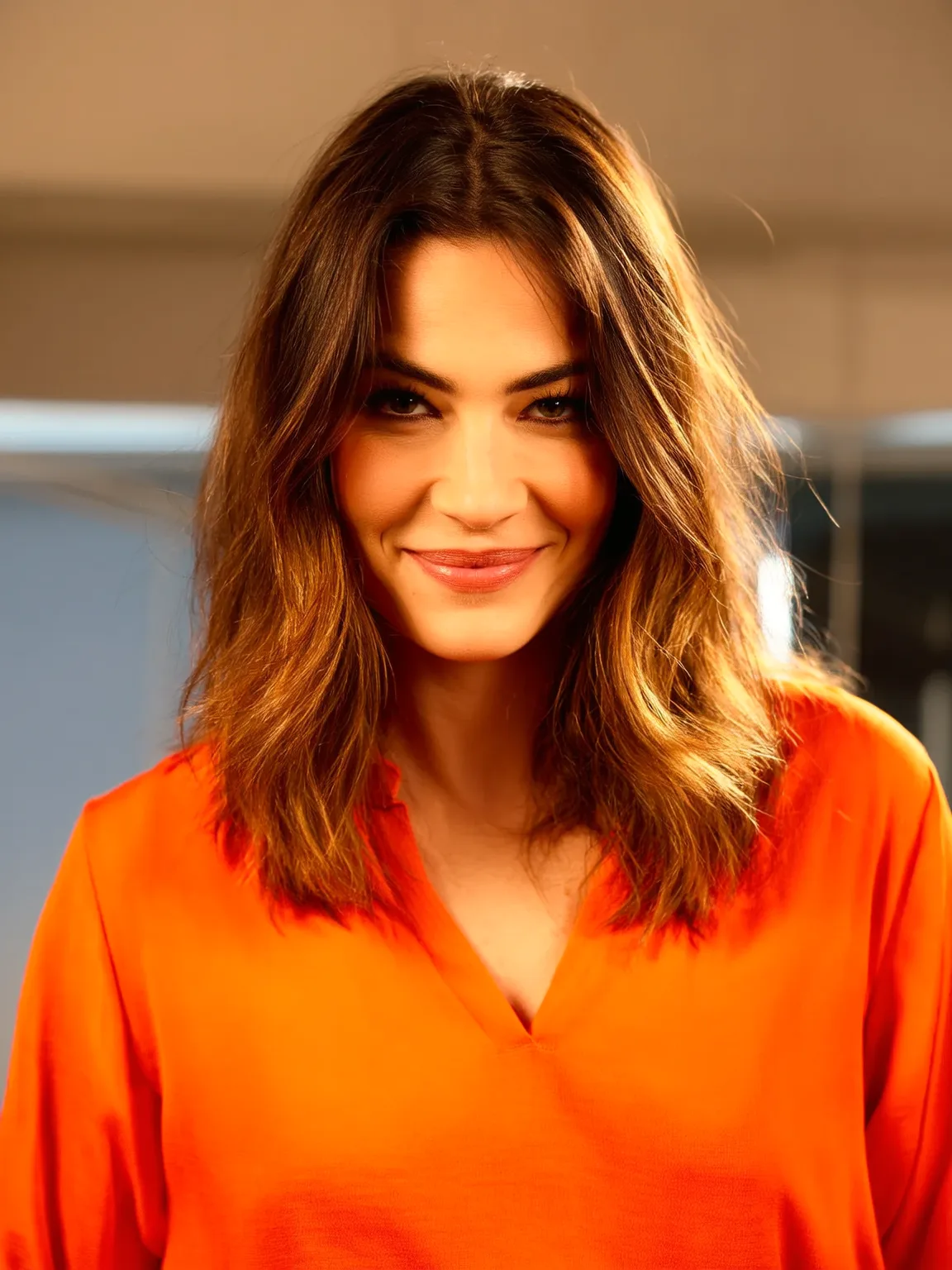 Voluminous Shoulder-Length Warm Caramel Brown Wavy Lob