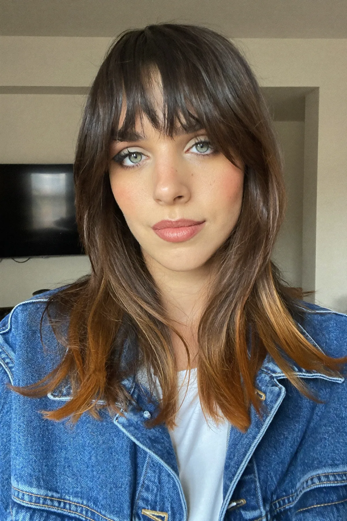 Natural Brunette Collarbone-Length Lob with Full Fringe Bangs