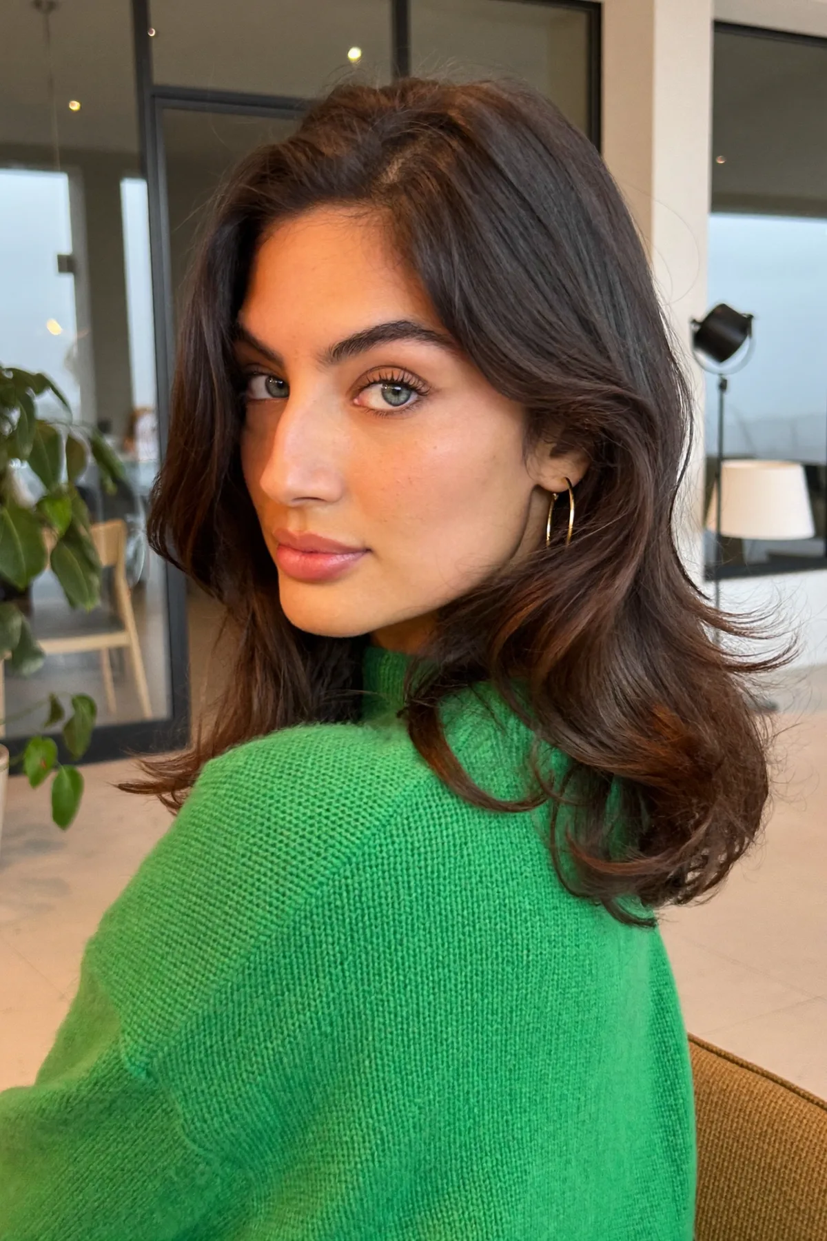 Glossy Natural Brunette Long Bob with Wavy Curtain Bangs