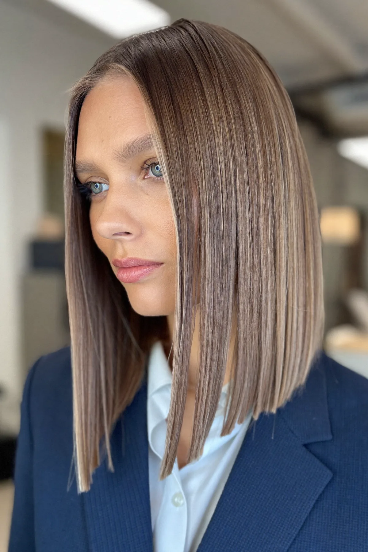 Sleek Straight Natural Brunette Collarbone-Length Long Bob