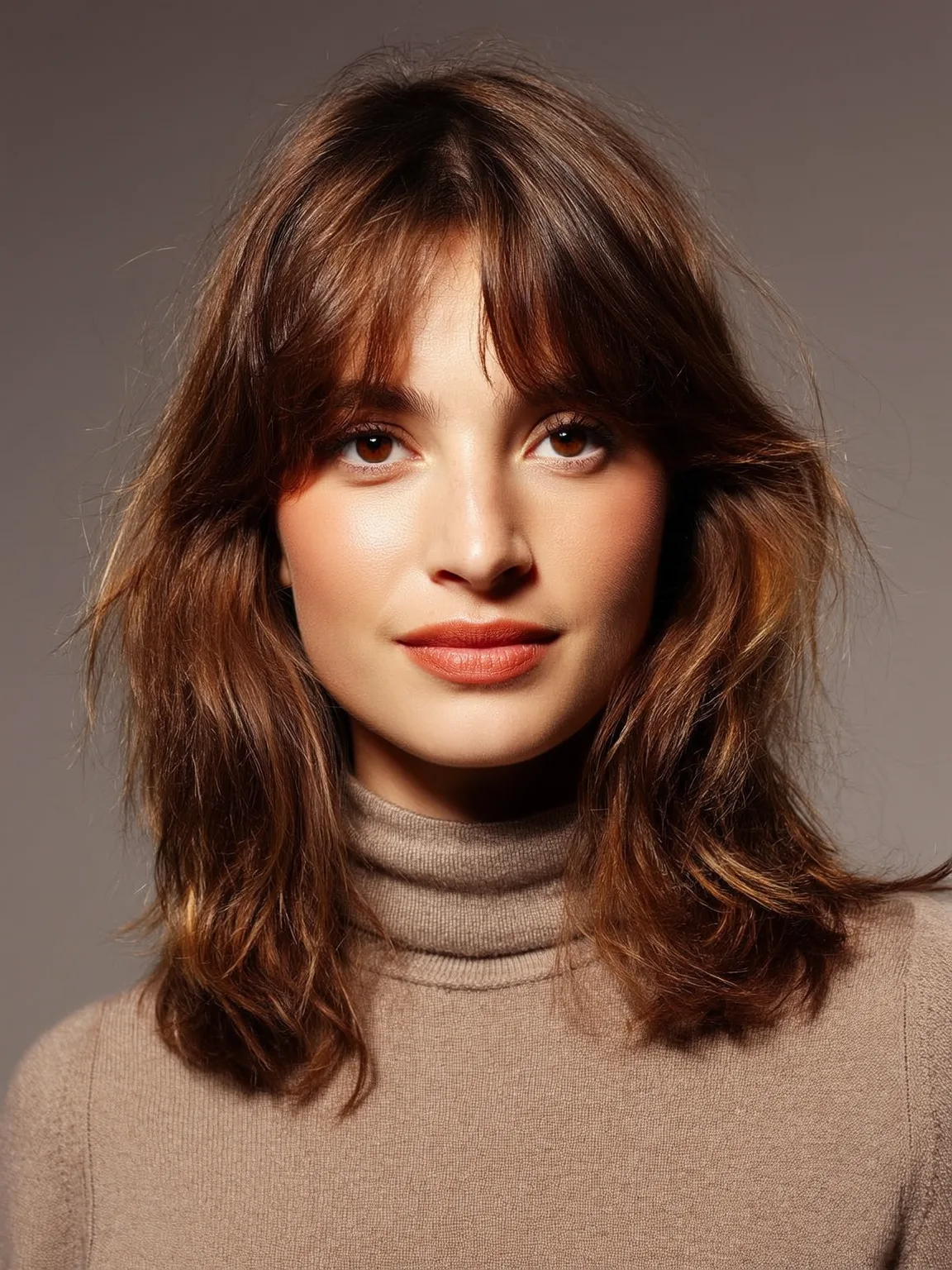 Blow-Dried Warm Caramel Brown Wavy Lob with Curtain Bangs