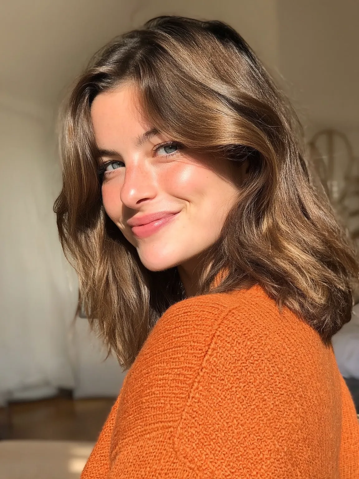Chocolate Brown Wavy Lob with Curtain Bangs