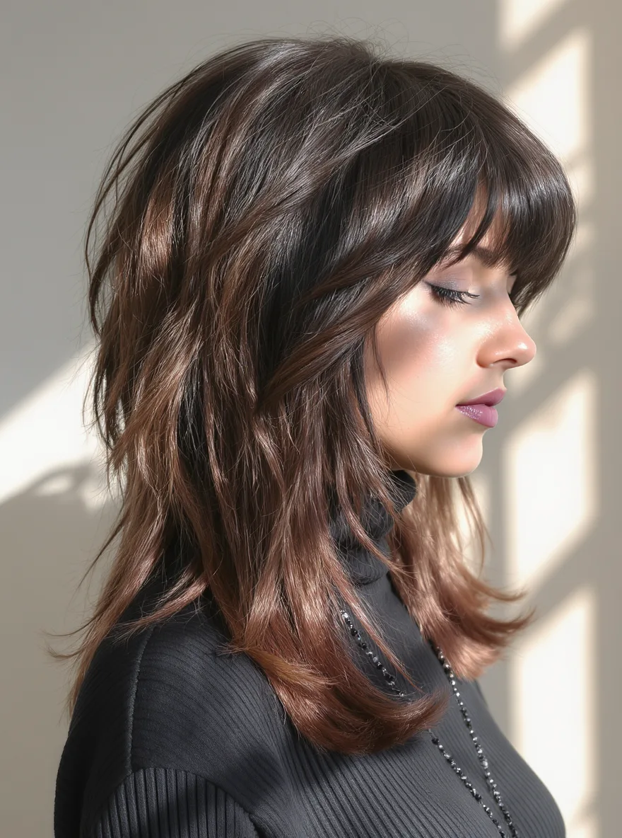 Voluminous Chestnut Shag with Bold Blunt Bangs