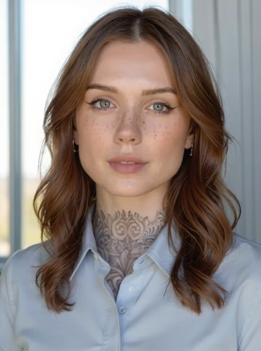 Layered Shoulder-Length Waves in Warm Chestnut Brown