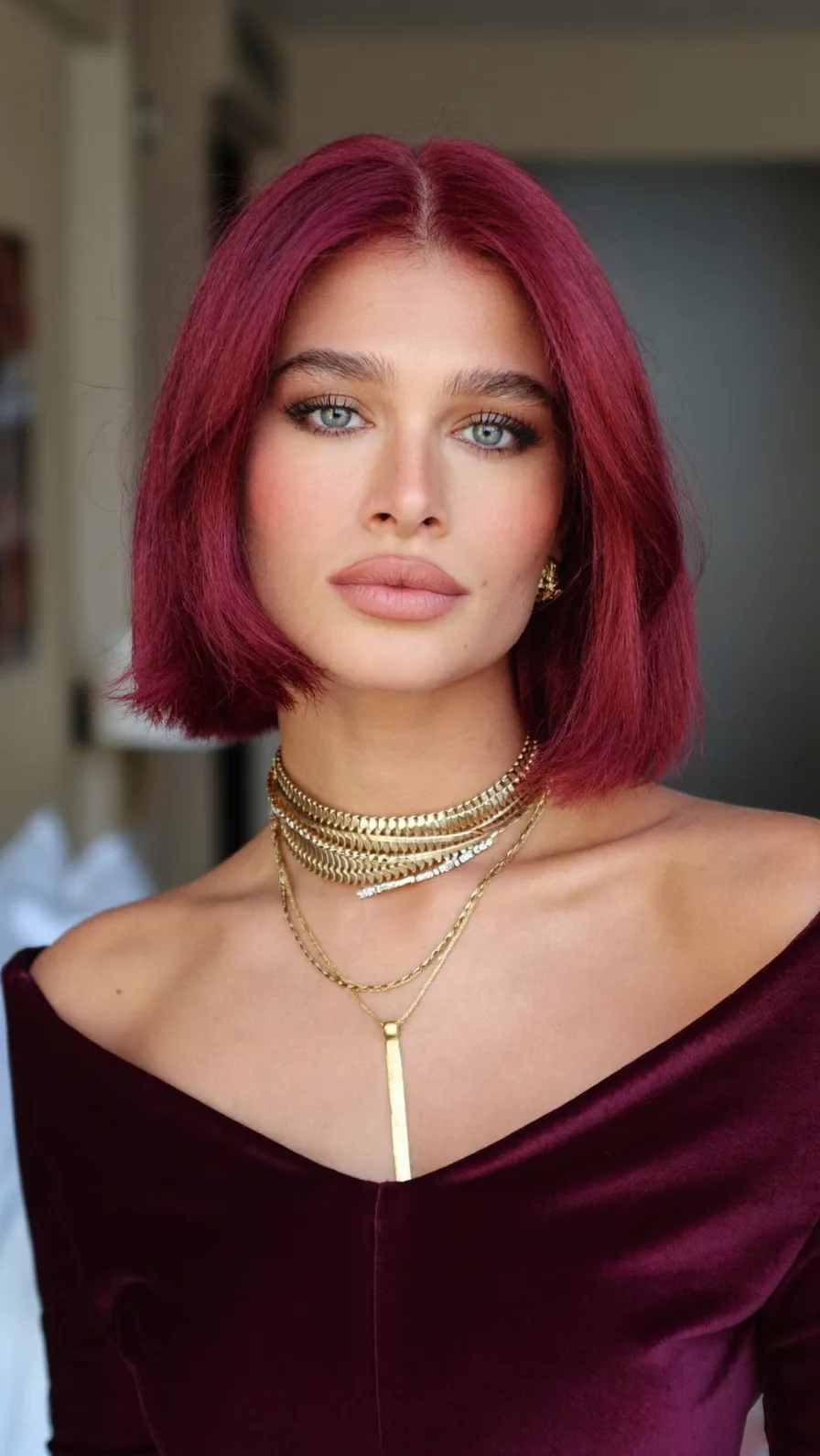 Vibrant Burgundy Chin-Length Straight Blunt Cut Bob