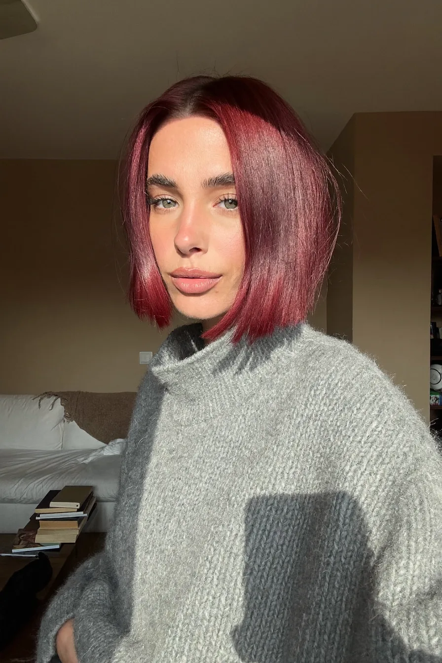 Sleek Deep Burgundy Blunt Bob with Center-Part Long Bangs