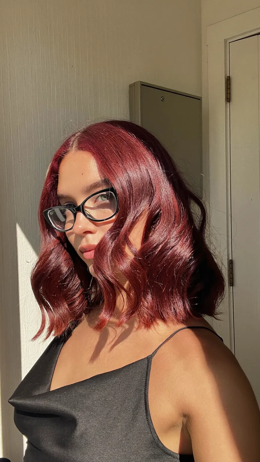 Rich Burgundy Wavy Shoulder-Length Bob with Blunt Cut