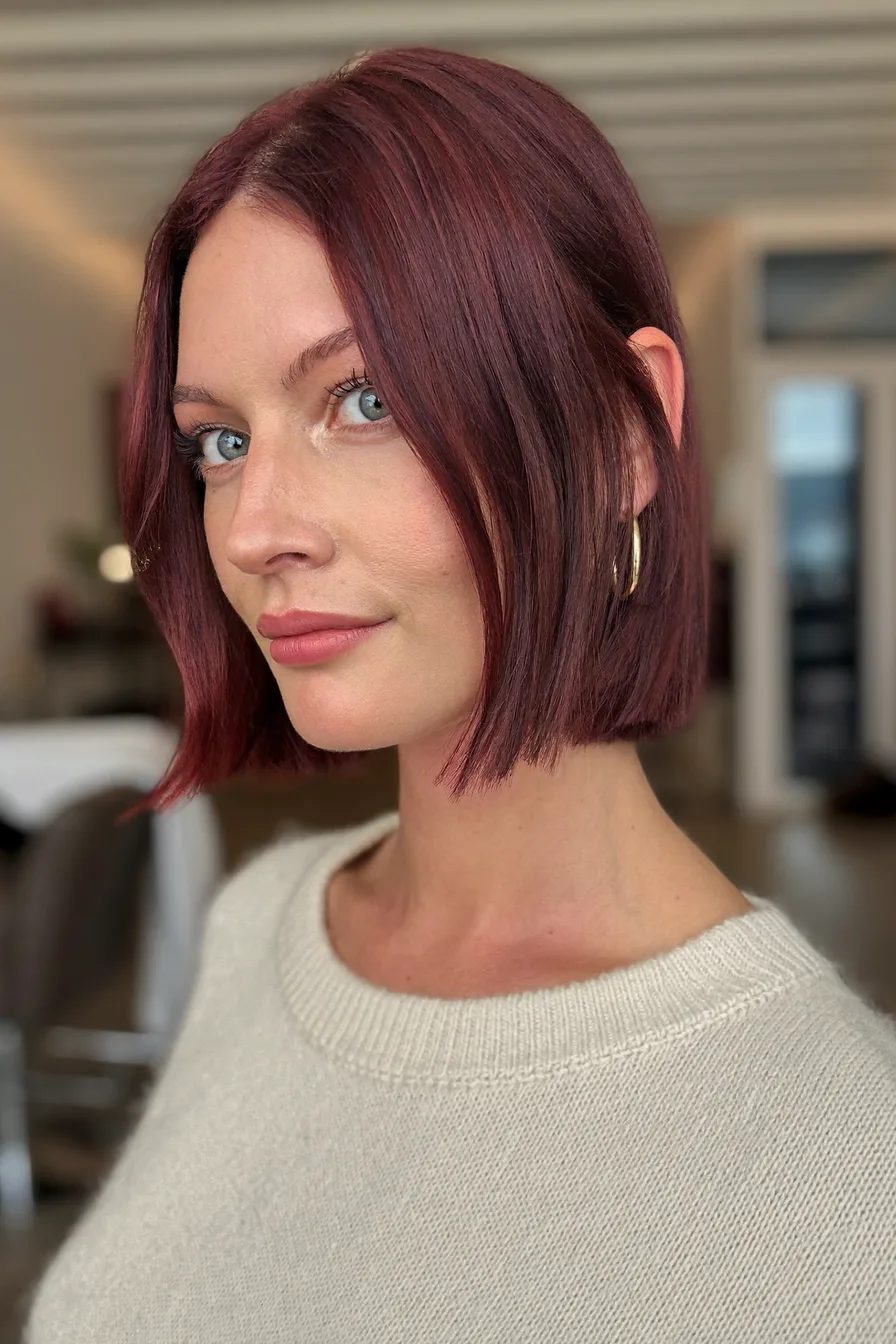 Sleek Blunt Chin-Length Bob with Rich Burgundy Color