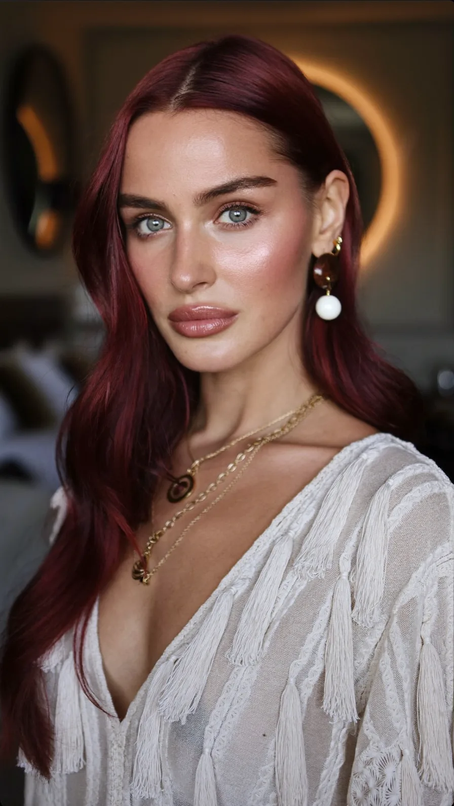 Flowing Deep Burgundy Long Layers with Center Part