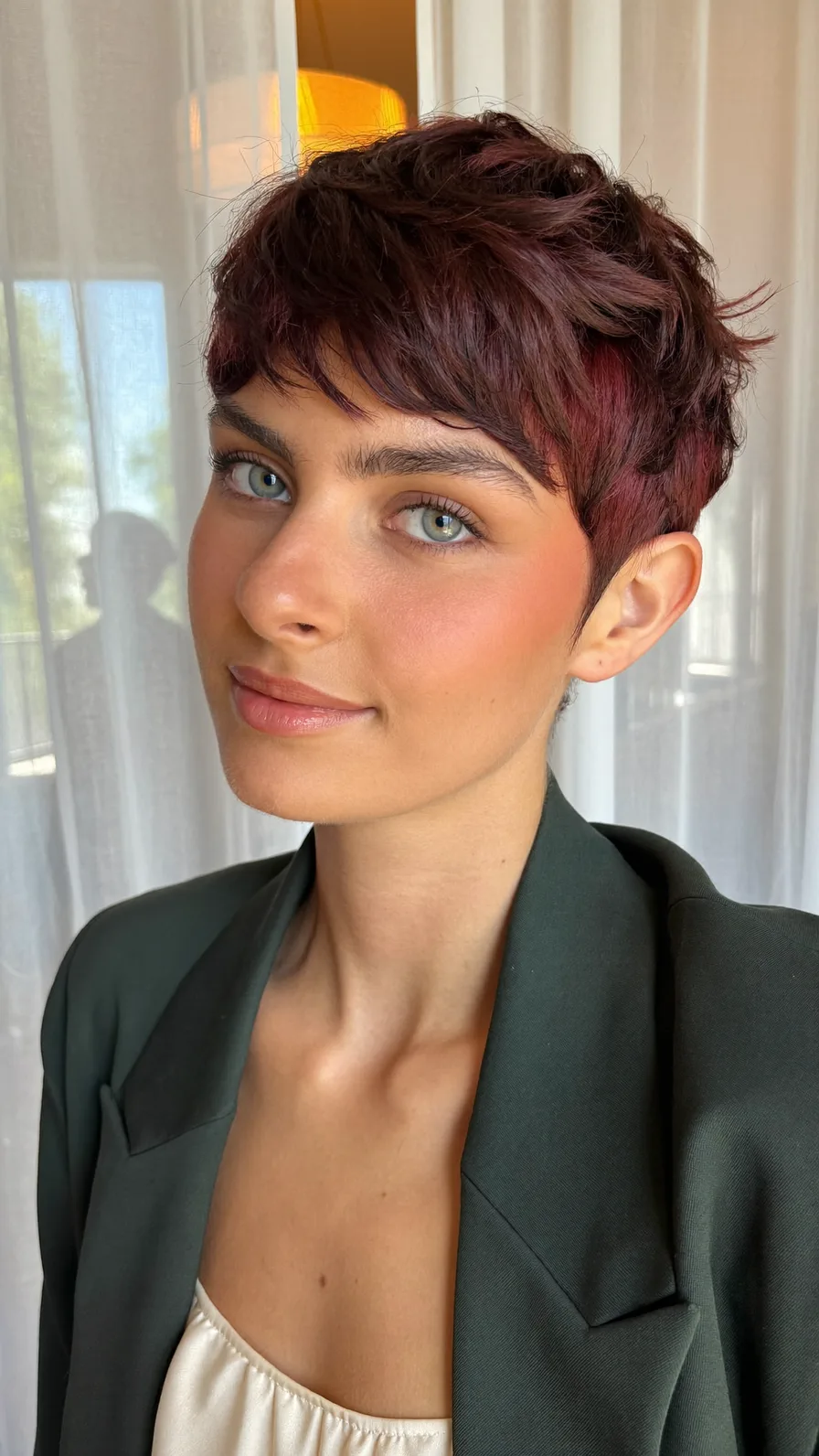 Textured Burgundy Pixie Cut with Wispy Side Bangs