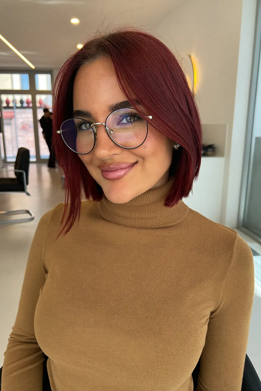 Chic Vibrant Burgundy Bob with Soft Curtain Bangs