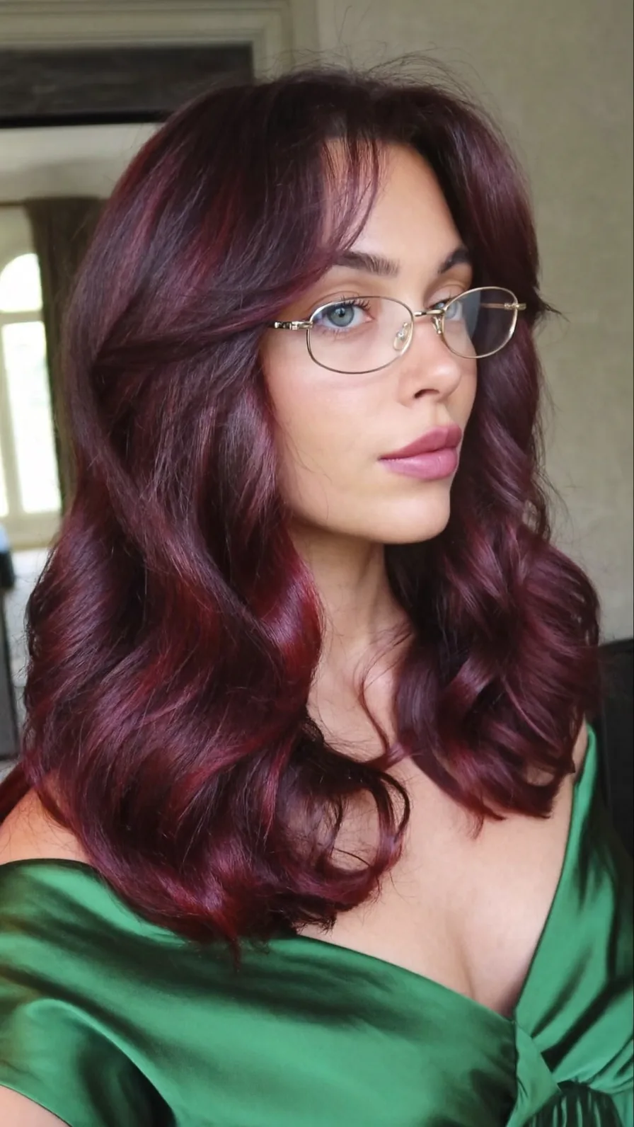 Voluminous Shoulder-Length Burgundy Hair with Curtain Bangs