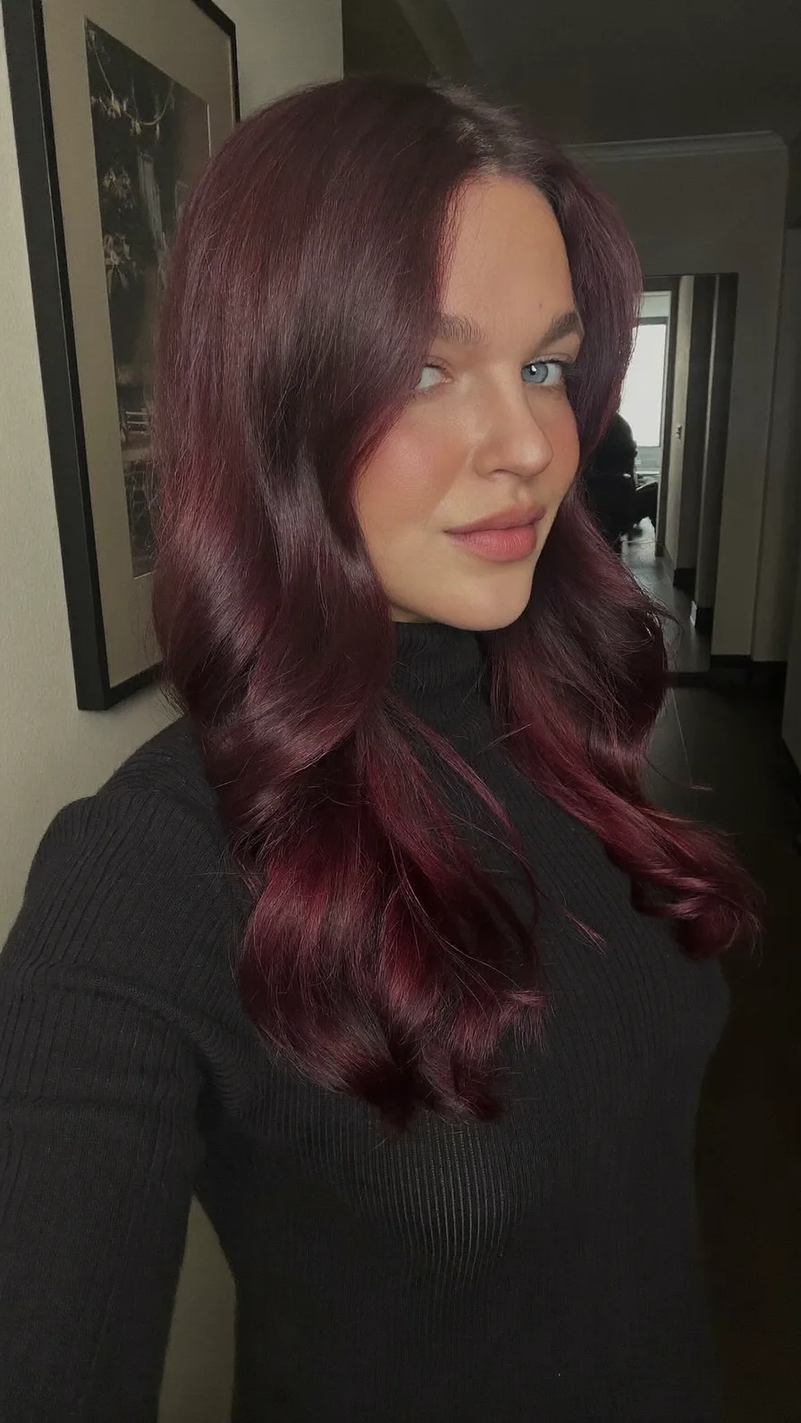 Deep Burgundy Long Layered Waves with Soft Curtain Bangs