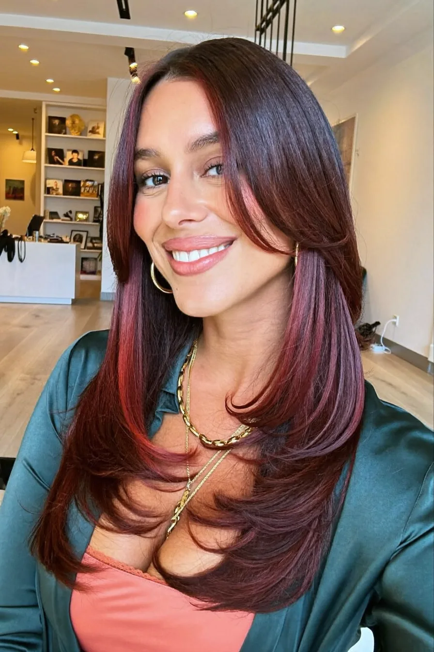 Elegant Long Layered Hairstyle with Center Curtain Bangs