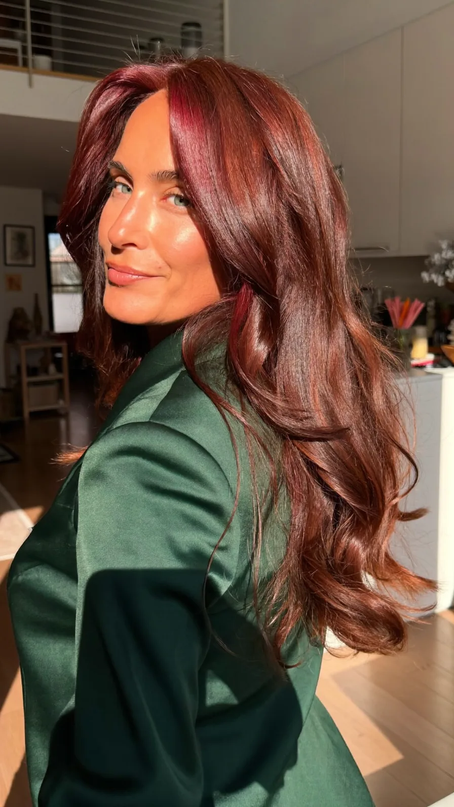 Voluminous Long Layers with Flowing Curtain Bangs Hairstyle