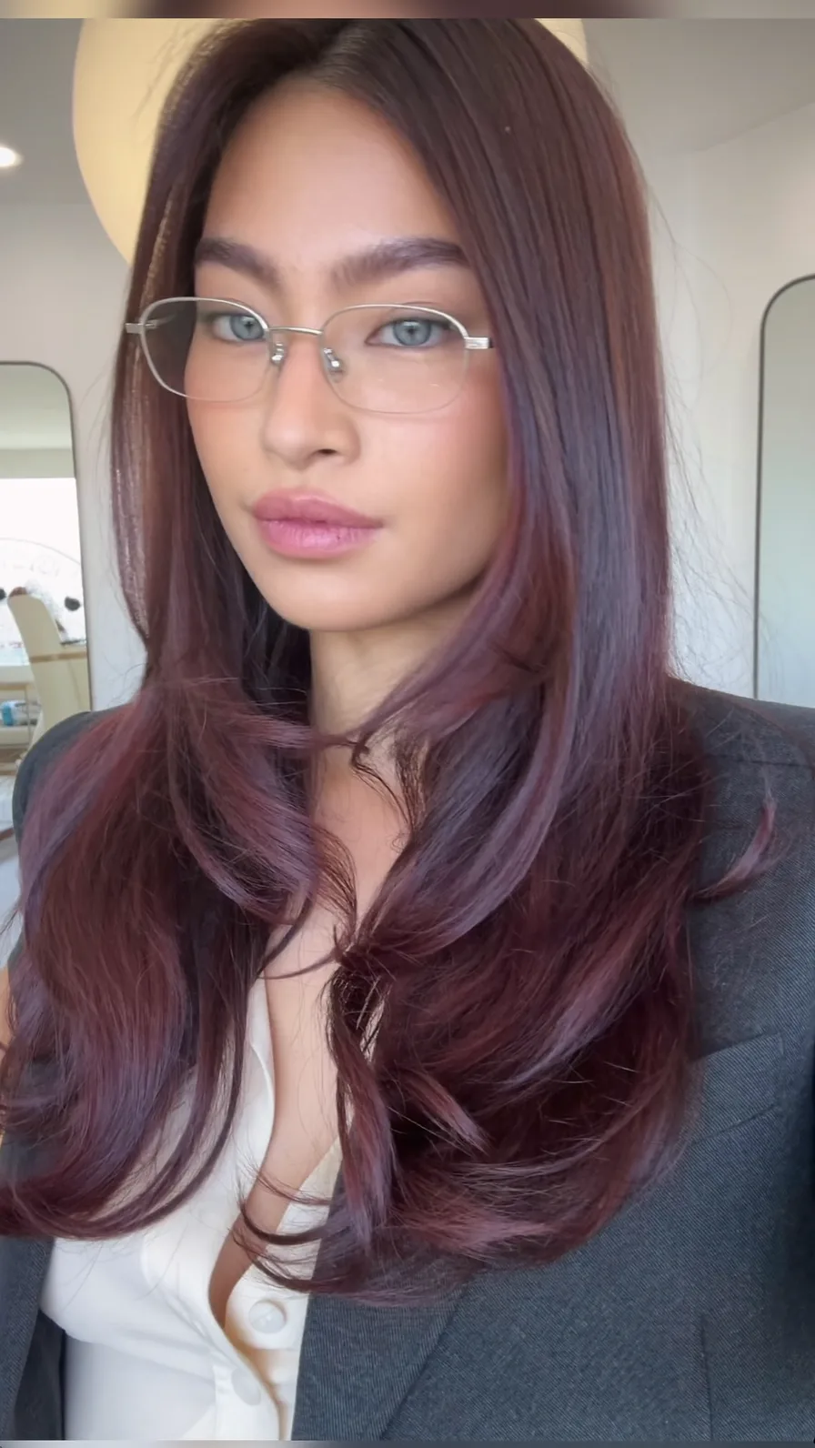 Modern Deep Burgundy Long Layers with Soft Flicked Ends
