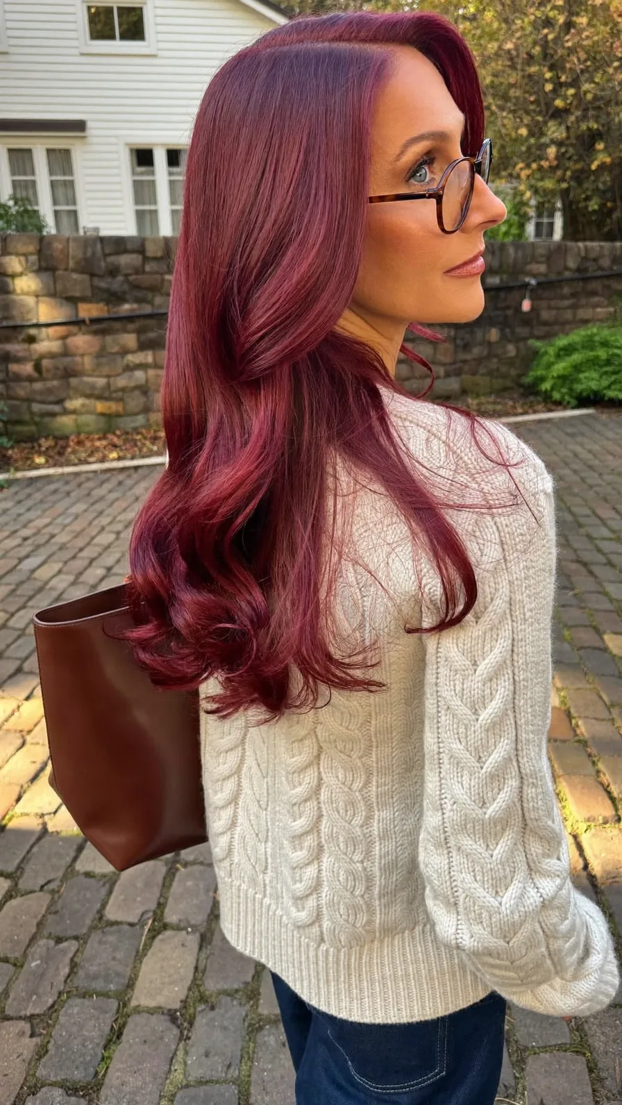 Vibrant Burgundy Long Layered Waves with Side Part