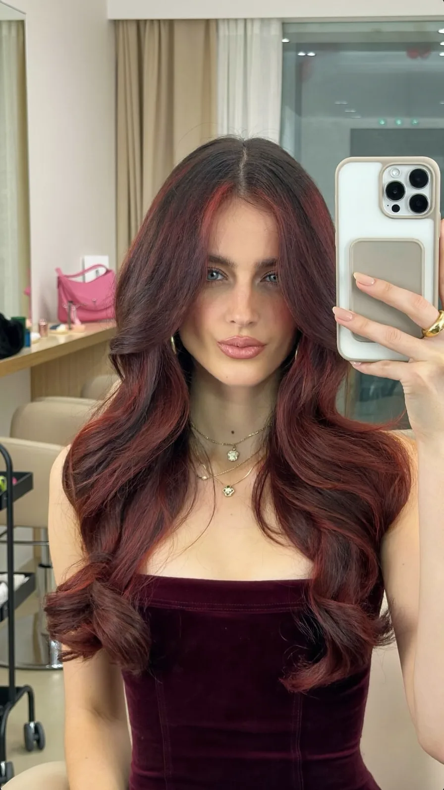 Voluminous Long Layered Hair with Trendy Curtain Bangs