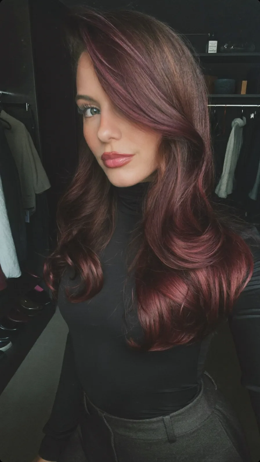 Long Layered Deep Burgundy Waves with Side-Swept Bangs