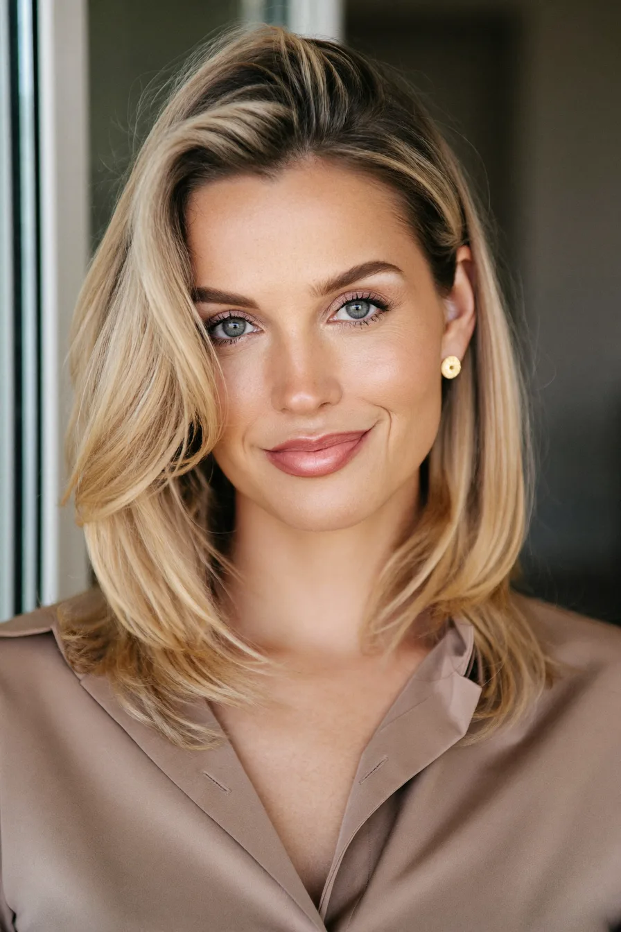 Softly Layered Medium Cut with Butter Blonde Highlights