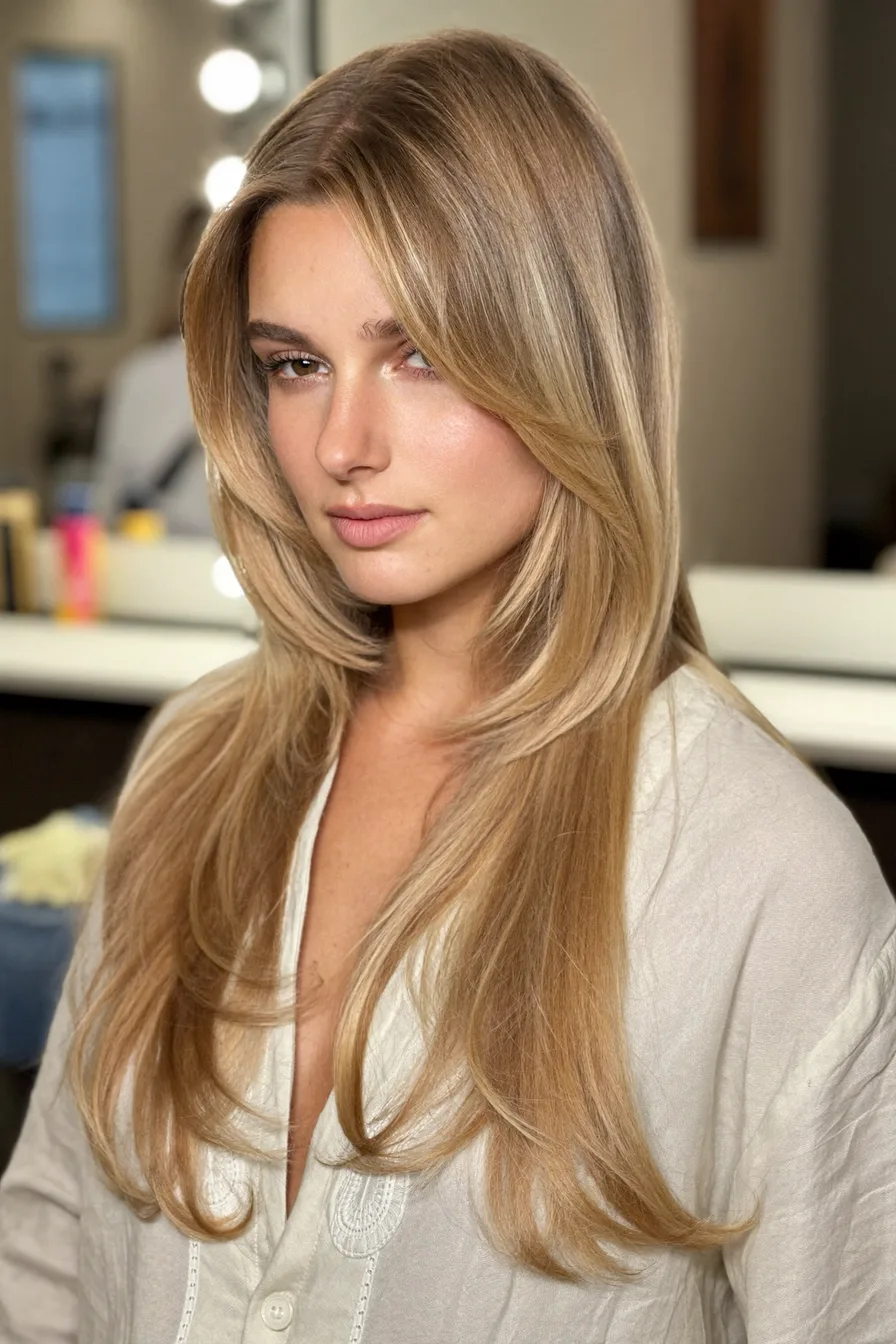 Face-Framing Layers with Sleek Butter Blonde Hair Color
