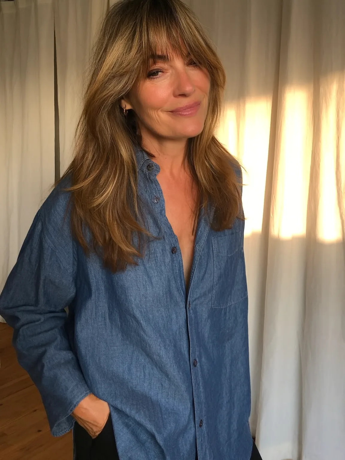 Sandy Blonde Medium Straight Layers with Curtain Bangs
