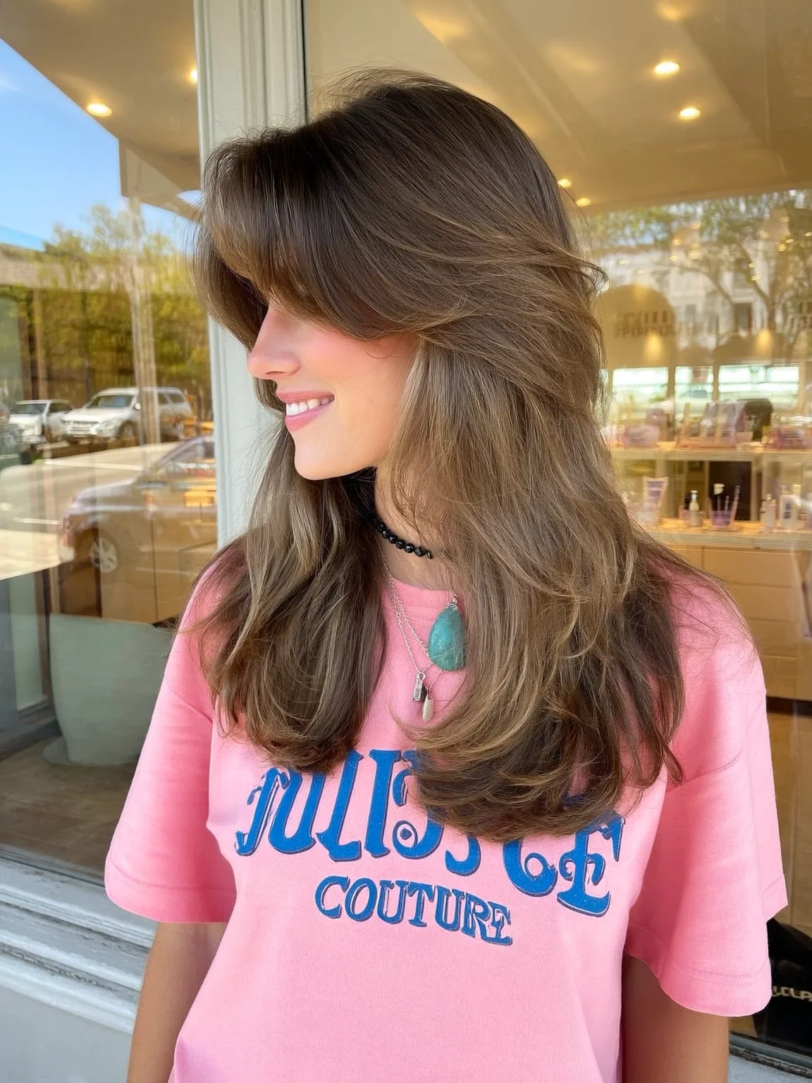 Warm Caramel Brown Long Wavy Layers with Curtain Bangs