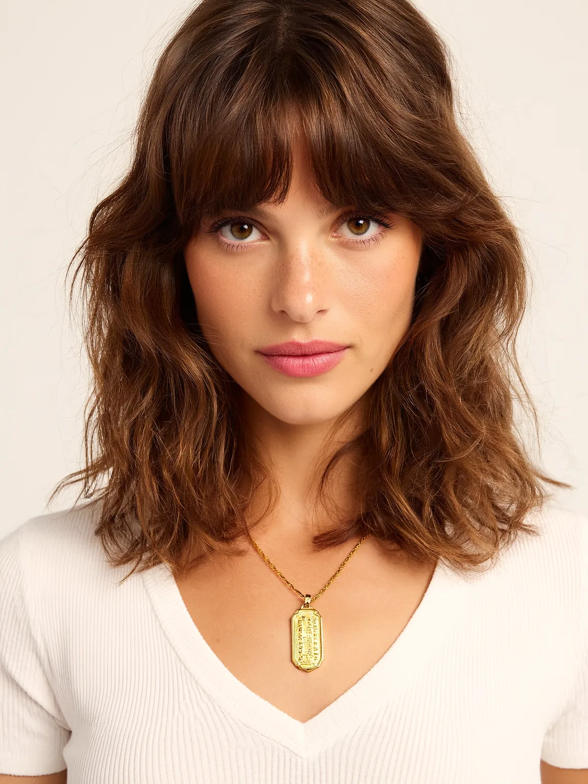 Rich Chestnut Brown Shoulder-Length Wavy Layers with Curtain Bangs