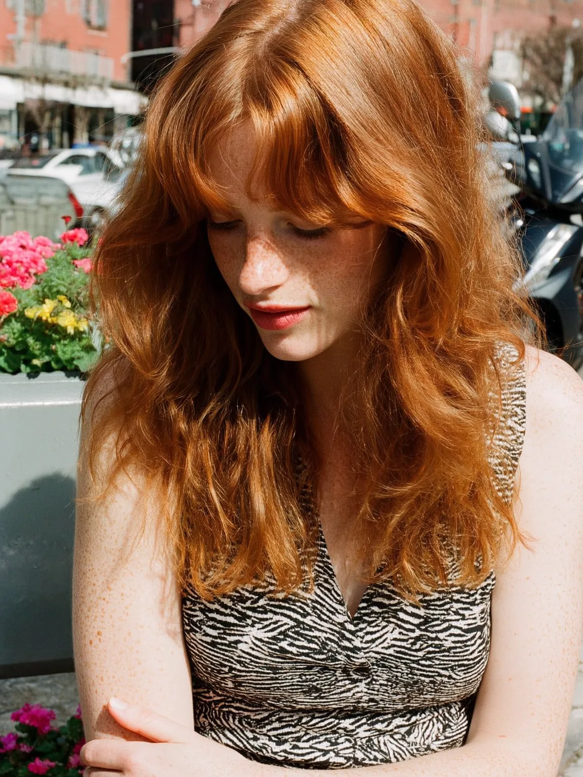 Voluminous Copper Red Layers with Curtain Bangs