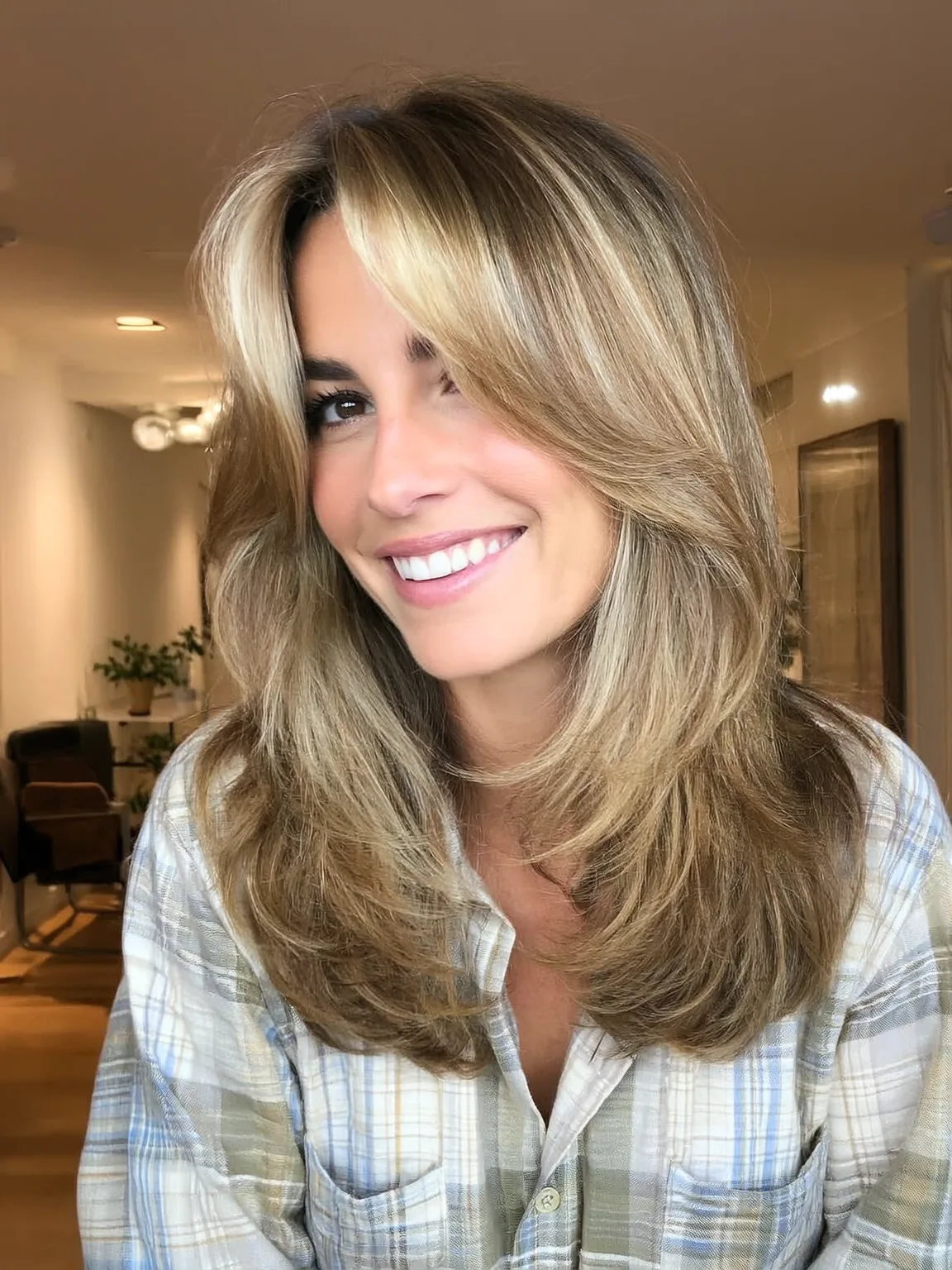 Honey Blonde Balayage with Medium-Volume Wavy Layers