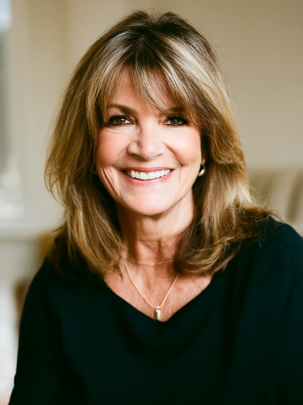 Layered Shoulder-Length Cut with Golden Highlights