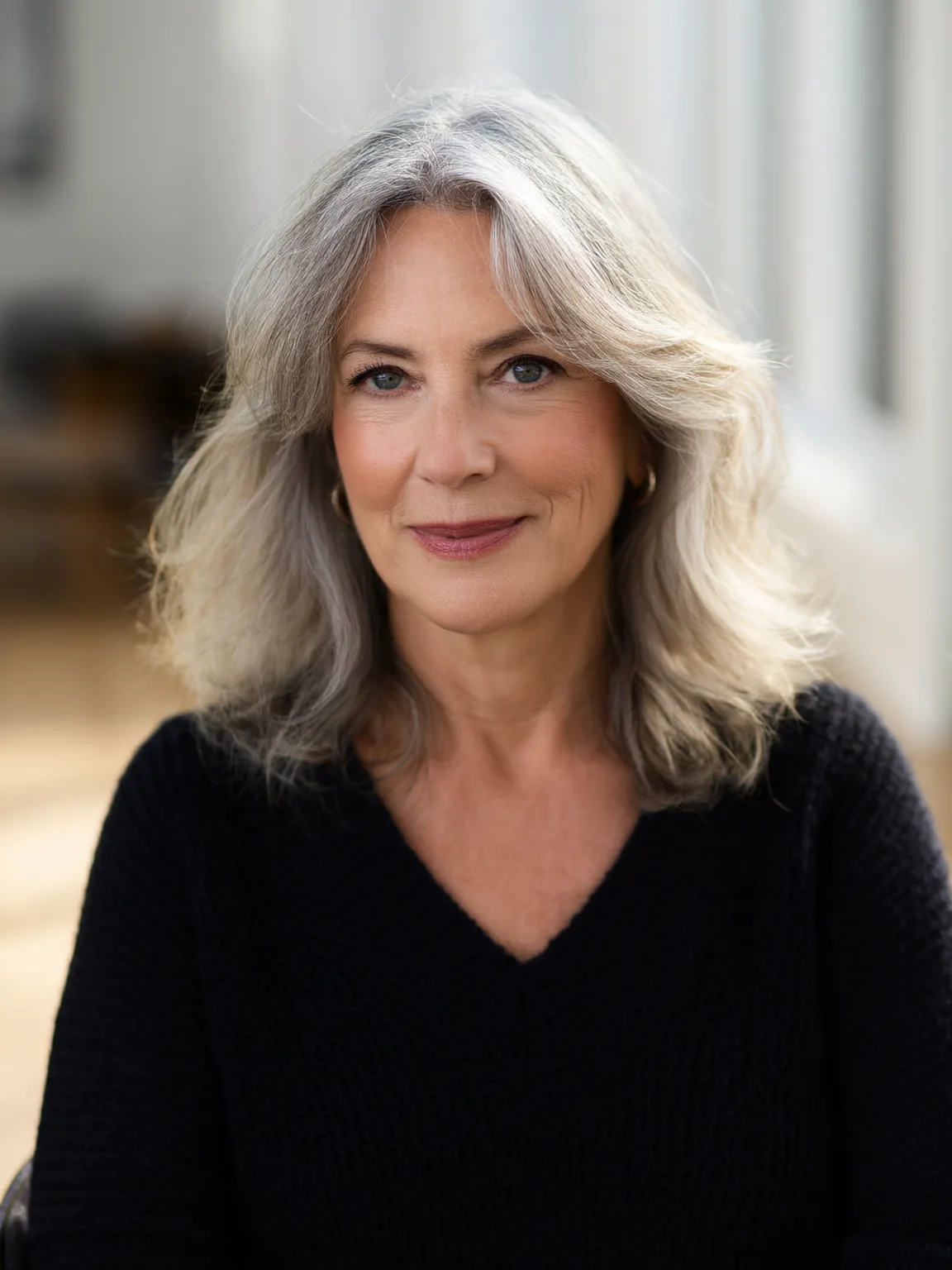 Layered Shoulder-Length Cut in Silver Gray
