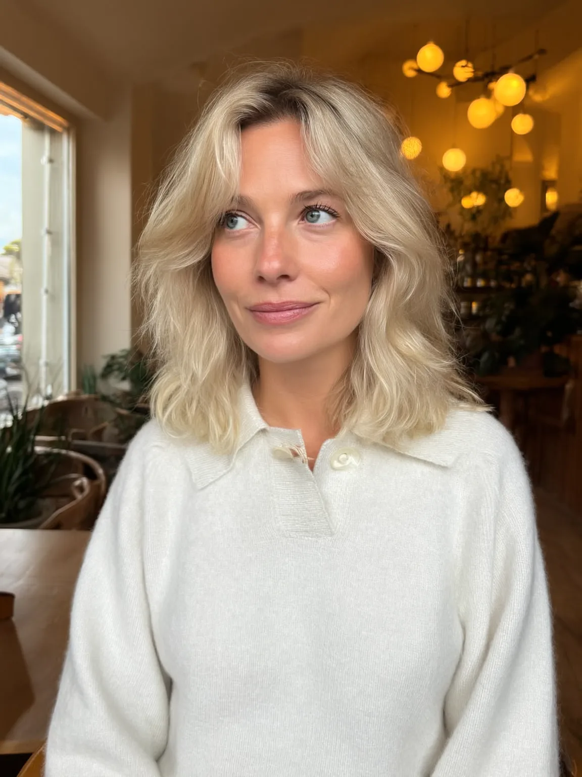 Vanilla Blonde Lob with Soft Curtain Bangs
