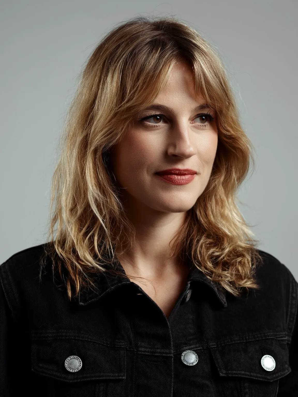 Warm Honey Blonde Layered Waves with Curtain Bangs