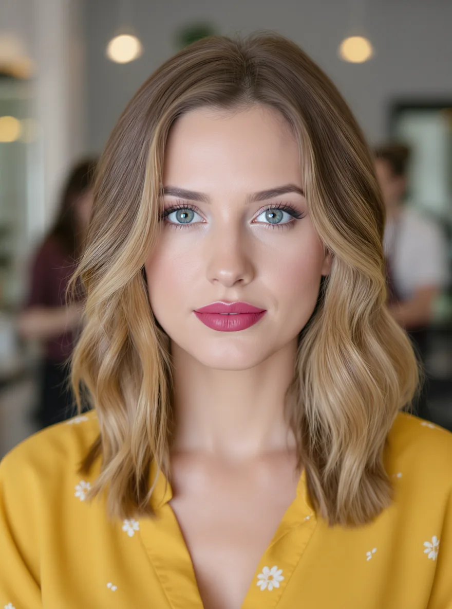 Shoulder-Length Wavy Lob with Warm Caramel Balayage
