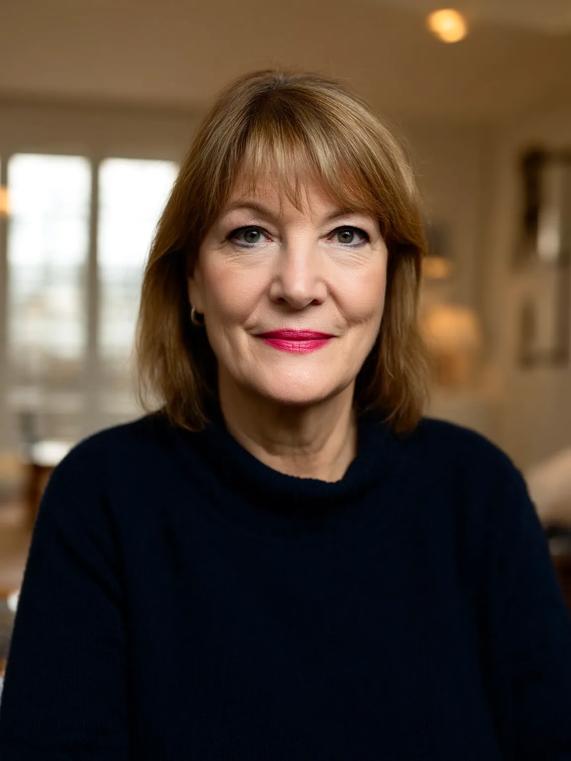 Chin-Length Wavy Bob with Curtain Bangs in Caramel