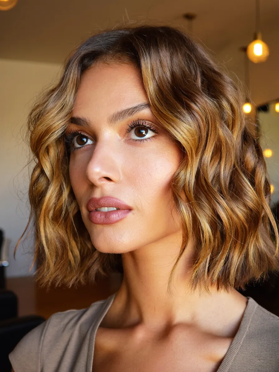 Chic Wavy Chin-Length Bob with Caramel Balayage Highlights