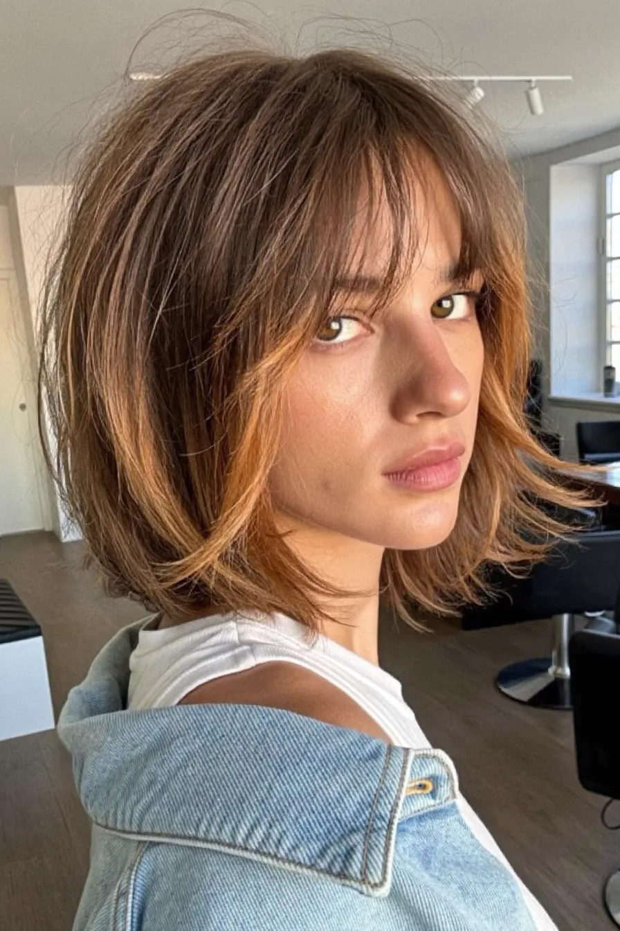 Textured Caramel Brown Bob with Soft Curtain Bangs