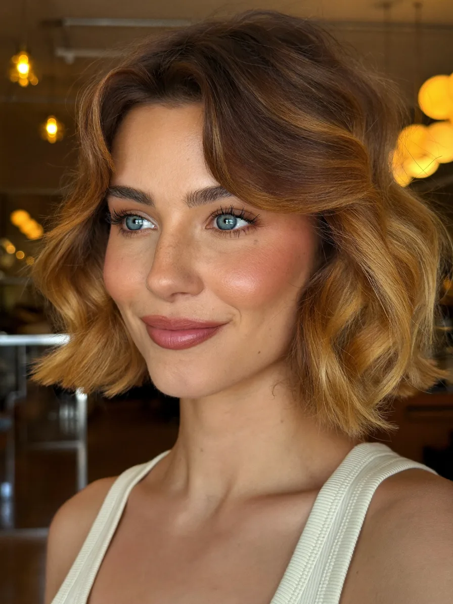 Voluminous Wavy Bob with Curtain Bangs and Balayage Highlights